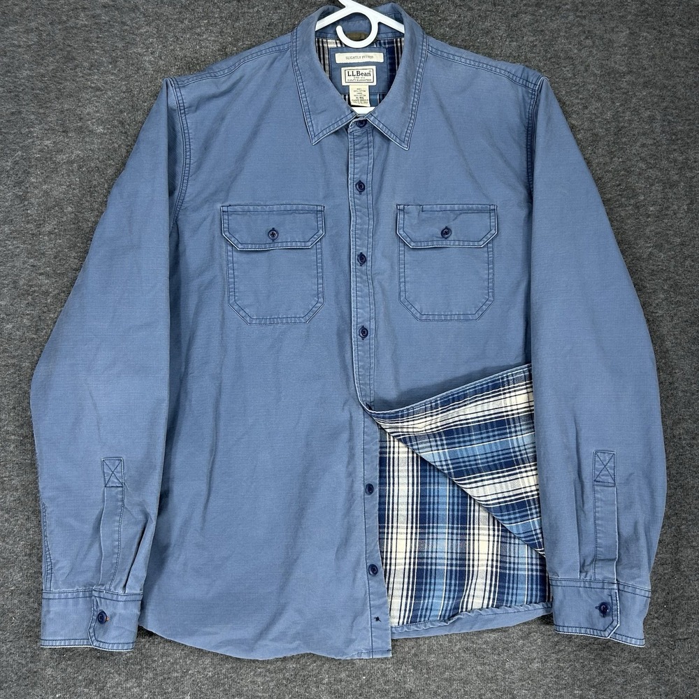 LL Bean Hurricane Shirt Mens XL Blue Cotton Flannel Lined Slightly Fitted
